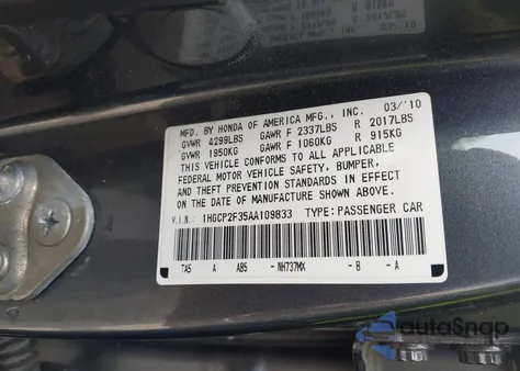 2010 Honda Accord 2.4 Lx from USA, damaged, VIN 1HGCP2F35AA109833